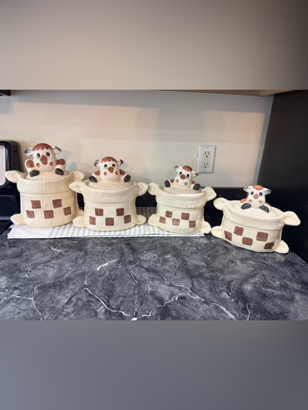 VTG Cow Ceramic Canister Set of 4 Coffee Tea Flour Sugar Checkerboard Farmhouse